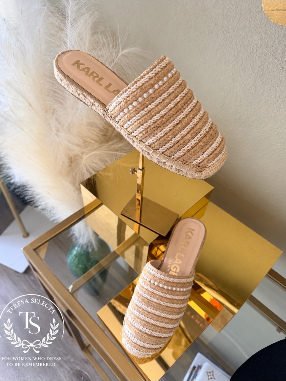 New! ✨ Karl Lagerfeld Paris Woven Pearl Slide Sandals Beige Size 8M
